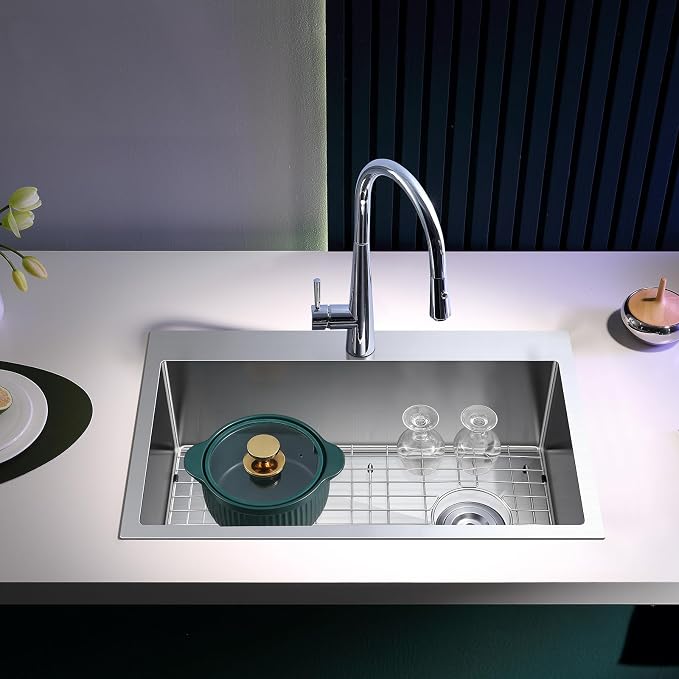 Brushed Topmount Kitchen Sink - 26”×18” Single Bowl Sink, Sink Grid | 9 Inch Deep Handmade Bar Sink with Strainer, Stainless Steel 304, Right Side Drain, X-Groove Drainage, Sound-Dampening Pad