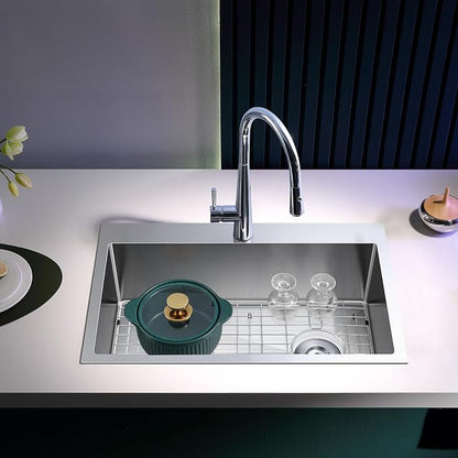 Brushed Topmount Kitchen Sink - 26”×18” Single Bowl Sink, Sink Grid | 9 Inch Deep Handmade Bar Sink with Strainer, Stainless Steel 304, Right Side Drain, X-Groove Drainage, Sound-Dampening Pad