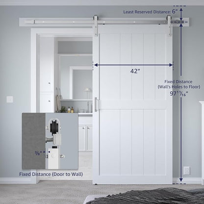 42" x 96" Sliding Barn Door with 7ft Brushed Nickel Hardware Kit & Handle | Pre-Drilled Holes Easy Assembly -White Solid Barn Door Slab Covered with Water-Proof PVC Surface, H-Frame