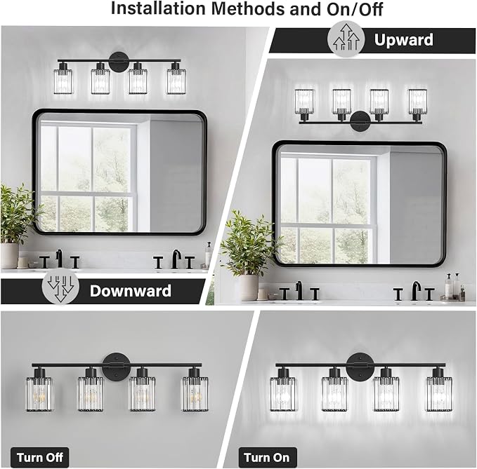 4 Light Bathroom Light Fixtures, Modern Crystal Vanity Lights over Mirror | Metal Frame, Bathroom Light with Square Crystal Shade, ETL Certified, E26 Ceramic Socket, Bulbs Not Included