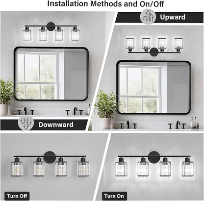 4 Light Bathroom Light Fixtures, Modern Crystal Vanity Lights over Mirror | Metal Frame, Bathroom Light with Square Crystal Shade, ETL Certified, E26 Ceramic Socket, Bulbs Not Included