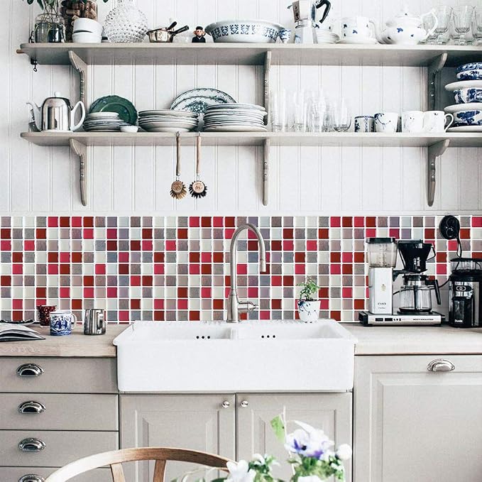3D Mosaic Tile Sticker Removable Wallpaper Tile Red, 3D Self Adhesive Wall Tiles Bathroom Wall Tiles for Kitchen Backsplash Red, PVC Square Decorative Vinyl Decals, 4 Sheets