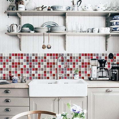 3D Mosaic Tile Sticker Removable Wallpaper Tile Red, 3D Self Adhesive Wall Tiles Bathroom Wall Tiles for Kitchen Backsplash Red, PVC Square Decorative Vinyl Decals, 4 Sheets