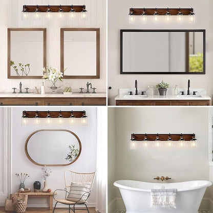 6-Light Farmhouse Bathroom Light Fixtures Vintage Bathroom Vanity Lights Over Mirror Black and Wood Painted Metal Vanity Light for Bathroom with Glass Shades E26 Socket