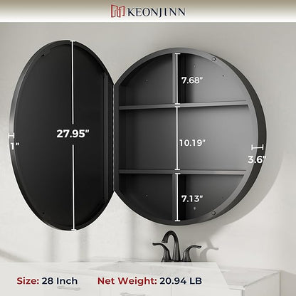 Keonjinn 28 x 28 Inch Round Black Mirror Medicine Cabinet Wall Mounted, Circular Modern Medicine Cabinet with Mirror, Black Framed Medicine Cabinets with Mirror, Vanity Bathroom Mirrors with Storage