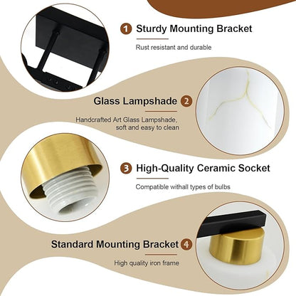 5-Light Bathroom Light Fixtures, Modern Vanity Lights, Black and Gold Metal Wall Lamp with White Marble Glass for Bathroom, Mirror, Living Room, Bedroom, Cabinet, Porch, Hallway, E26 Base