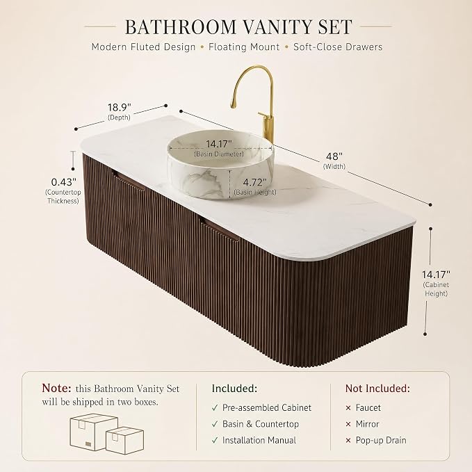48 Inch Bathroom Vanity with Sink, Floating Wall Mounted Single Sink Vanity, Dark Walnut Curved Fluted Front, Stone Top, Marble-Look Round Vessel Basin, Pre-Assembled