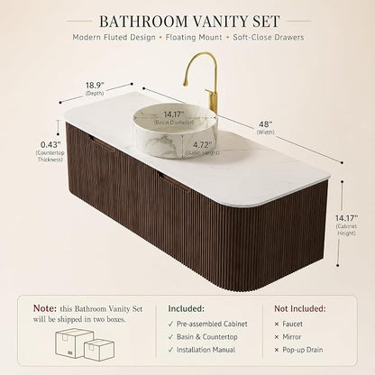 48 Inch Bathroom Vanity with Sink, Floating Wall Mounted Single Sink Vanity, Dark Walnut Curved Fluted Front, Stone Top, Marble-Look Round Vessel Basin, Pre-Assembled