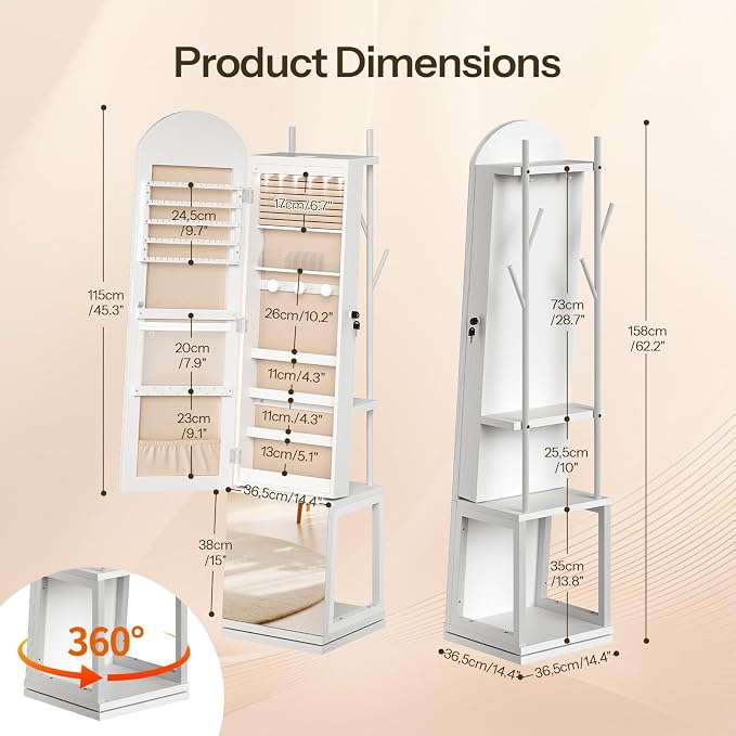 HOOBRO 360° Swivel Jewelry Cabinet with LED Lights, Standing Jewelry Organizer with Storage Shelf, Arched Full-Length Mirrored Jewelry Aromires, Lockable Jewelry Cabinet, Makeup Brush Boxes, White