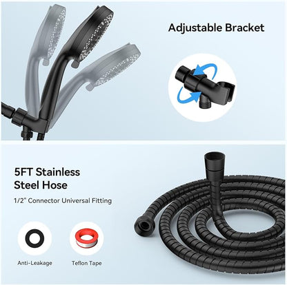 VOXON Shower Head 10 Functions, High Pressure Handheld Shower Head, Built-in 2 Power Wash Mode to Clean Corner, Non-Clogging Nozzles, Leakproof Stainless Steel Hose&Metal Bracket, Black