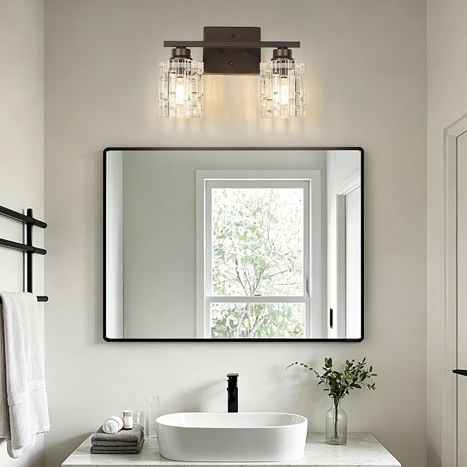 Refice 2-Light Bathroom Vanity Lights Crystal Glass, Oil Rubbed Bronze | Bathroom Light Fixtures Vanity Lighting Over Mirror for Living Room Farmhouse, Hallway