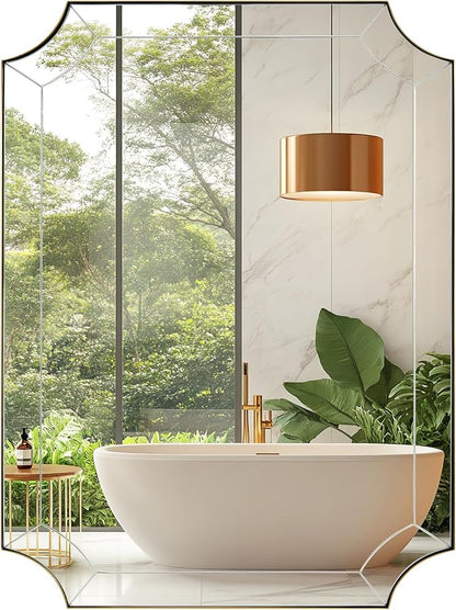 30x40 Scalloped Bathroom Mirror, Gold Rectangle Wall Mirror with Scallop Corner, Non-Rusting Vanity Mirror with Curved Cutouts, Well Made Antique Mirror Hangs Horizontal & Vertical