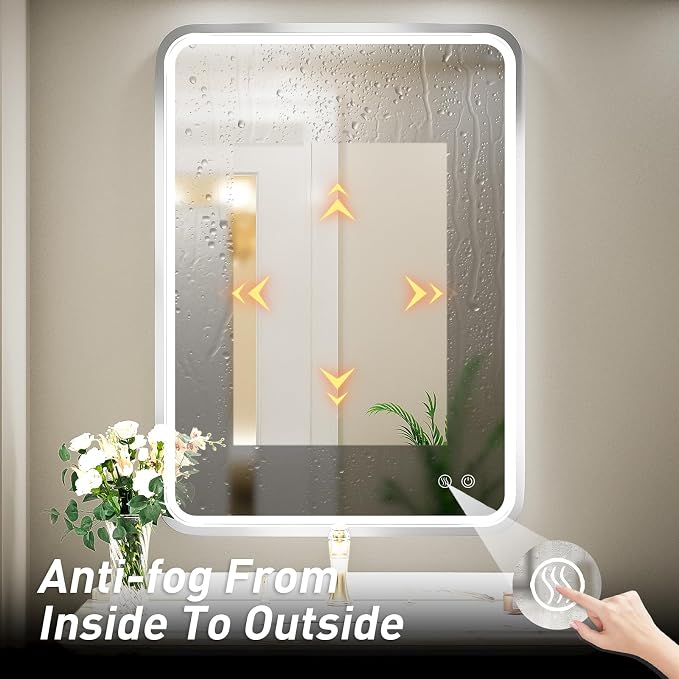 24x36 Inch LED Sliver Frame Bathroom Mirror,3-Color