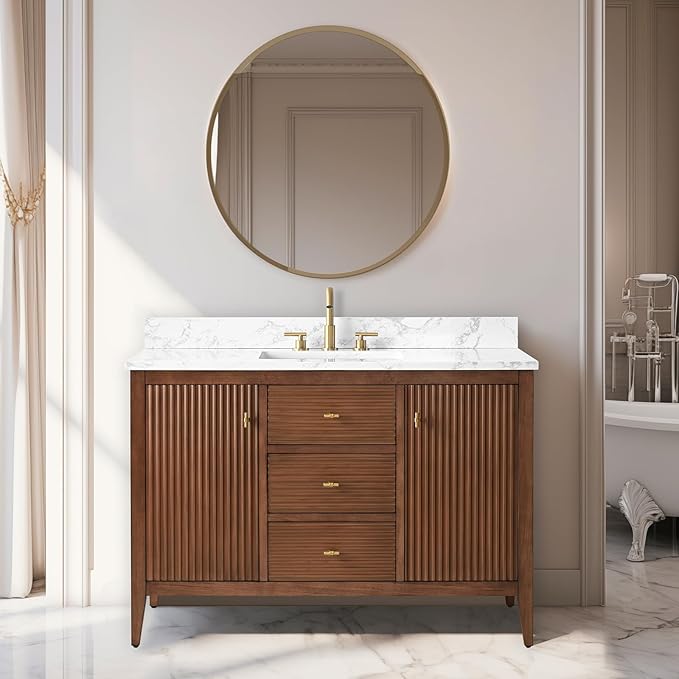 Vanity Art 48 inch Bathroom Vanity with Single Sink & Ceramic Top, Vanity Cabinet with Soft-Closing Door, Solid Wood Frame, Linear Pattern, Walnut, Golden Brushed Handware VA9148-Walnut-GB