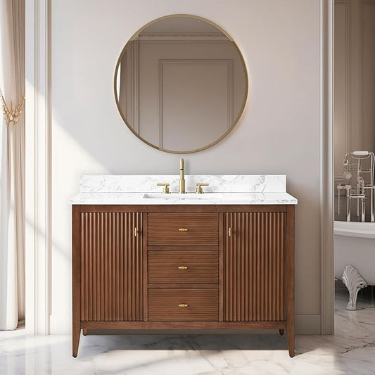 Vanity Art 48 inch Bathroom Vanity with Single Sink & Ceramic Top, Vanity Cabinet with Soft-Closing Door, Solid Wood Frame, Linear Pattern, Walnut, Golden Brushed Handware VA9148-Walnut-GB