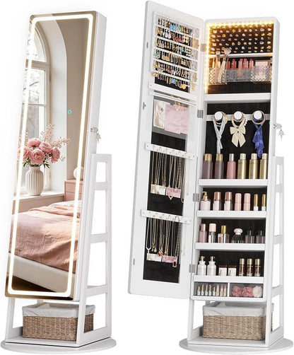 LVSOMT Standing Jewelry Cabinet Mirror with Adjustable LED Light White | 63" Lockable Jewelry Armoire Organizer with 4 Rear Shelves & Hooks, 360° Swivel, for Bedroom, Living Room, Women Girls Gift