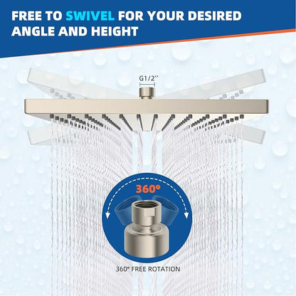 Hibbent cUPC Certified High Pressure 10'' Rain Shower Head, Brushed Nickel | Metal Square Bathroom Waterfall Thickness Shower Heads, High-flow Fixed Rainfall Showerheads, Adjustable Brass Ball Joint