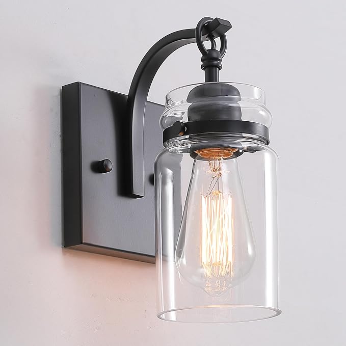 Black Wall Sconces Lighting Fixtures with Clear Glass Indoor 1-Light Bathroom Wall Sconce for Bathroom Hallway Stairwell