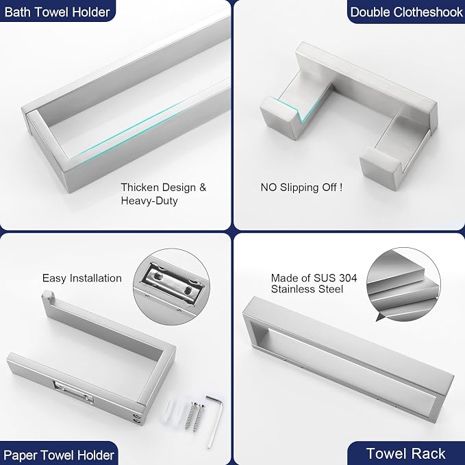 Lairuier Brushed Nickel Bathroom Hardware Accessories, 4PCS Towel Bar Set | Including Towel Bar,Towel Holder, Toilet Paper Holder, Towel Hook, SUS304 Stainless Steel Bathroom Towel Holder Hardware Set
