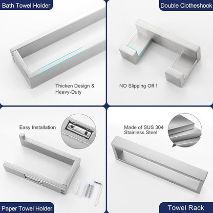 Lairuier Brushed Nickel Bathroom Hardware Accessories, 4PCS Towel Bar Set | Including Towel Bar,Towel Holder, Toilet Paper Holder, Towel Hook, SUS304 Stainless Steel Bathroom Towel Holder Hardware Set