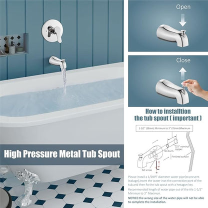 Aolemi Tub Shower Faucet Set With Valve Wall Mount Shower Trim Kit 6 Inch Bathtub Fixtures Rough-in Valve Single-Spray Shower Head System 5.3 Inch Tub Spout Polish Chrome Modern
