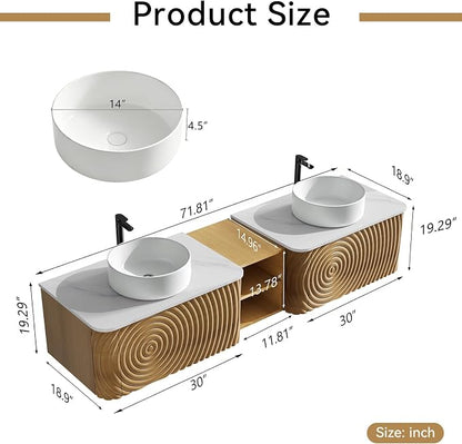72" Floating Bathroom Vanity with Double Sink, Mid-Century Wall Mounted Bathroom Vanity Cabinet with Wood Waved Decor, Ceramic Vessel Basin, Sintered Stone Top, Soft Close Drawer, Side Open Cube