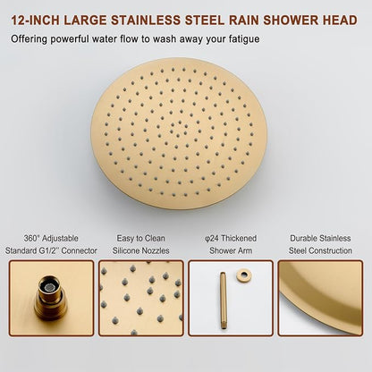 MONDAWE 12 Inch Ceiling Mounted Brushed Gold Shower System, 3-Functions Shower Faucet Set with Rainfall Dual Shower Head and High Pressure Handheld Spray, All Function Can be Used At the Same Time