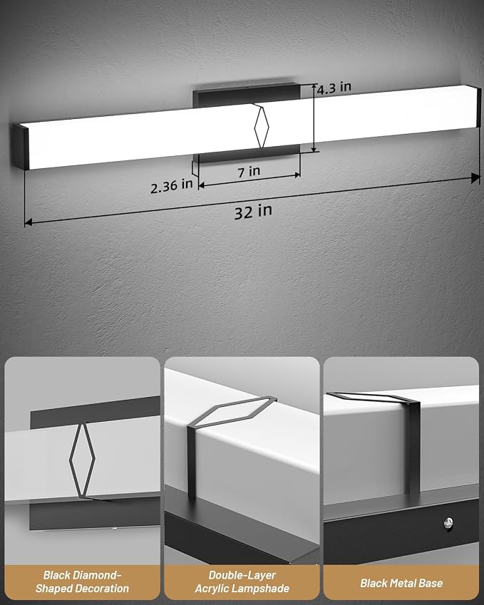 LED Bathroom Vanity Light,32inch Dimmable,32W 3600LM,5CCT,ETL,BK | Integrated LED Modern Bathroom Light Fixtures,Matte Black Vanity Lighting Fixture Over Mirror,Wall Lights,ETL Certified