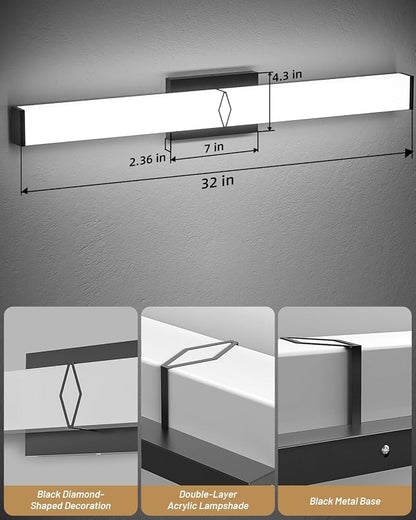 LED Bathroom Vanity Light,32inch Dimmable,32W 3600LM,5700K,ETL,BK | Integrated LED Modern Bathroom Light Fixtures,Matte Black Vanity Lighting Fixture Over Mirror,Wall Lights,ETL Certified