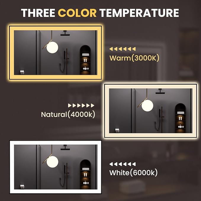 LOAAO 48"X30" LED Bathroom Mirror Black Framed | Anti-Fog, Dimmable, Memory Function, Tempered Glass, Lighted Vanity Mirror for Wall