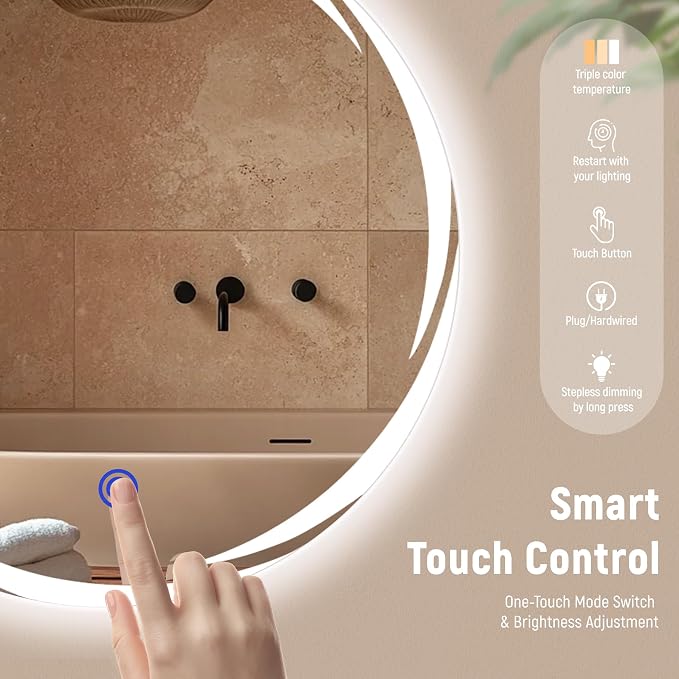 Bathroom Smart Mirrors with Three Color LED Lights,20”x20 Bath Round Mirror,Backlit + Front Lit Temperature Brightness Settings-Wall Mounted Lighted Bathroom Vanity Mirror