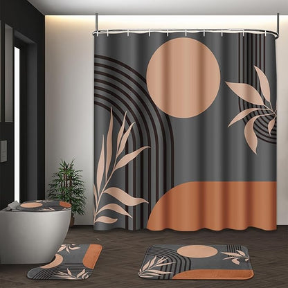 Bathroom Sets with Shower Curtain and Rugs, 4 Pcs, Boho Mid Century | Abstract Modern Minimalist Bathroom Decor Set with Toilet Lid Cover, Non-Slip Bath Mats and Accessories 12 Hooks
