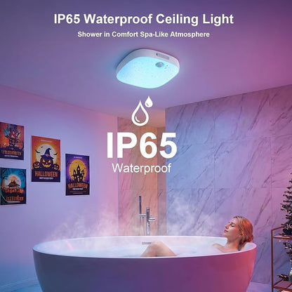 NARUNDREN 2 Pack IP65 Motion Sensor Shower Ceiling Light 10000mAh 18 Colors | 300LM LED, 3CW+15RGB & 5-Step Dimmable, Rechargeable Battery Operated w/Remote, Waterproof Light for Bathroom & Closet