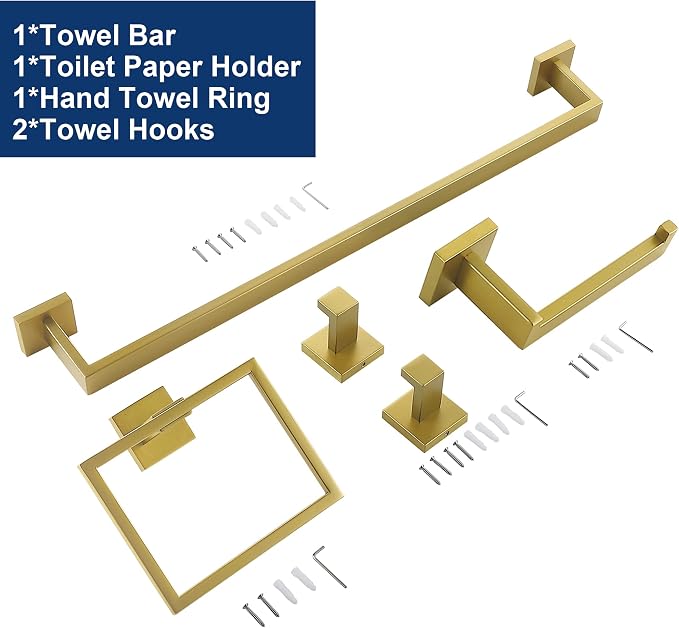 5 Pieces Bathroom Hardware Accessories Set Brushed Gold, 16Inch Bathroom Towel Rack Set SUS304 Stainless Steel, Square Bath Towel bar Set Heavy Duty, Wall Mounted
