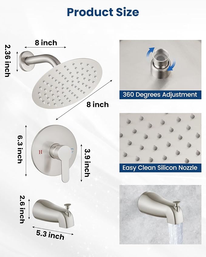 Airuida Shower Faucet Set with Tub Spout,8" Bathtub Faucet-Brushed Nickel | Male Threads Rough-In Valve,Round Head Shower System,Tub and Shower Kit Set
