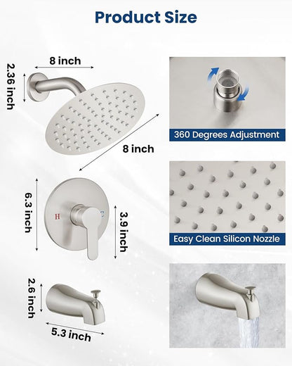 Airuida Shower Faucet Set with Tub Spout,8" Bathtub Faucet-Brushed Nickel | Male Threads Rough-In Valve,Round Head Shower System,Tub and Shower Kit Set