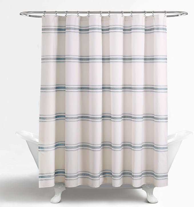 Lush Decor Farmhouse Stripe Cotton Shower Curtain, 72" W x 72" L, Blue - Striped Bathroom Curtain - Fabric Shower Curtains - Farmhouse Bathroom Decor