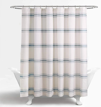 Lush Decor Farmhouse Stripe Cotton Shower Curtain, 72" W x 72" L, Blue - Striped Bathroom Curtain - Fabric Shower Curtains - Farmhouse Bathroom Decor