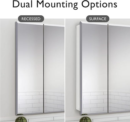Design House Cyprus Medicine Cabinet, 3 Frameless Mirrored Doors, 2 Adjustable Shelves, Pre-Assembled, Surce or Recess-Mounted, White, 36.3 in. W x 4.4 in. D x 30.1 in. H, 590265