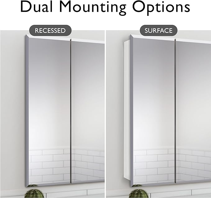 Design House Cyprus 25-in. Wide Medicine Cabinet, 3 Frameless Mirrored Doors, 2 Interior Shelves, Pre-Assembled, Surface or Recess Mounted, White/Clear, 25.1 in. W x 4.4 in. D x 24.5 in. H, 597484