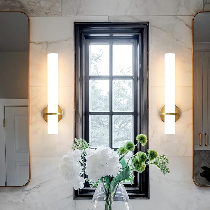 Gold Bathroom Wall Sconces Set of 2: 18 Inch Modern Sconces Wall Lighting 18W LED Dimmable Wall Light with Acrylic Lampshade, Brushed Gold Sconces for Bedroom Living Room Hallway (Hardwired)