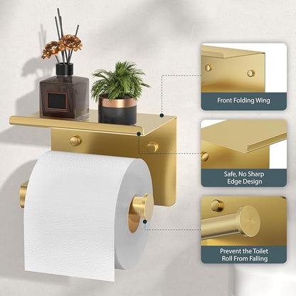 FORIOUS Bathroom Accessories, 5-Piece Bathroom Hardware Set - 24" Towel Bar | Brushed Gold | Towel Hooks, Towel Racks for Bathroom, Toilet Paper Holder With Shelf & Towel Ring | SUS304 Stainless Steel