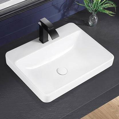 Vessel Sink 23"x18" Semi Recessed Bathroom Sink Drop-in White Bathroom Sink Porcelain Ceramic Modern Rectangular Sinks Drop-in Vanity Sinks with Overflow for Bathrooms