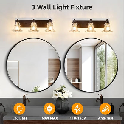 Vintage 3-Light Bathroom Vanity Light, Oil Rubbed Bronze Bathroom Light Fixtures with Floral Clear Glass Shades, Antique Wall Sconce Fixtures for Dressing Table, Bedroom