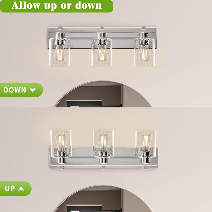 3-Light 21inch Brushed Nickel Vanity Light, Thickened Seeded Glass | Over Mirror for Bathroom, Rust Resistant, E26 Base, Easy Install, Removable Glass Shade Horizontal Mount, Dimmable