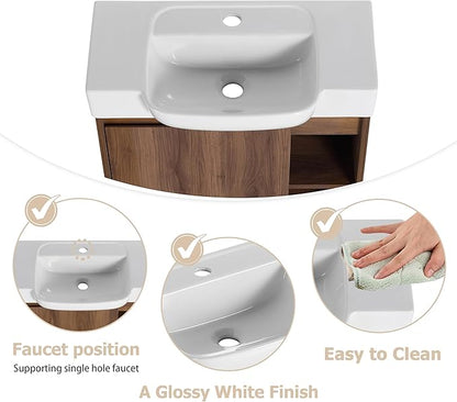 28" Floating Bathroom Vanity with Sink Combo,28 Inch Floating Vanity,Modern Single Sink Bathroom Vanity Combo,Brown Wall Mounted Cabinet Set