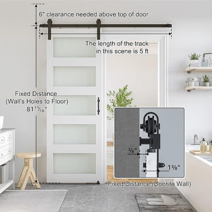SMARTSTANDARD 30 x 80 in Glass Barn Door with 5FT Sliding Hardware Kit | Pre-Drilled Ready to Assemble, Waterproof PVC Coating, White, 5-Panel Glass