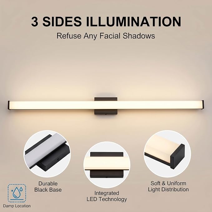 URSOLA 48" Modern LED Bathroom Light Fixtures, Matte Black 3CCT Dimmable Bathroom Vanity Light Over Mirror, Bathroom Vanity Bath Bar Lights with Double Layer Acrylic Shade