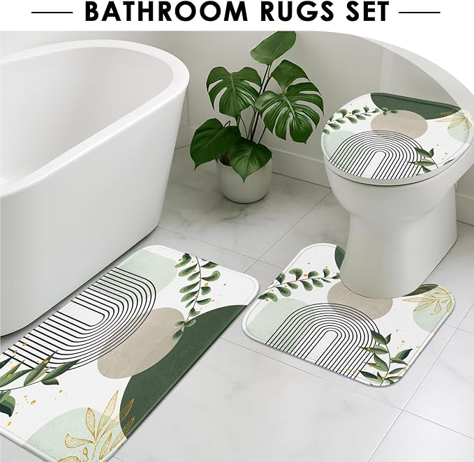 Bathroom Sets with Shower Curtain and Rugs, 4 Pcs, Boho Sage | Green Abstract Botanical Mid Century Bathroom Decor Set with Toilet Lid Cover, Non-Slip Bath Mats and Accessories 12 Hooks