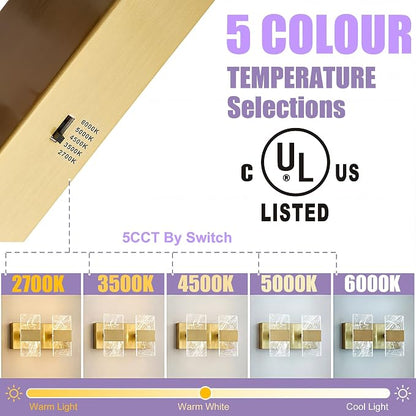 Modern LED Bathroom Light Fixtures Dimmable 2-Light Gold Vanity Light | 5CCT Adjustable Lighting, Smoked Acrylic LED Vanity Lights, Wall Sconces for Bathroom, Dimmable 6000K